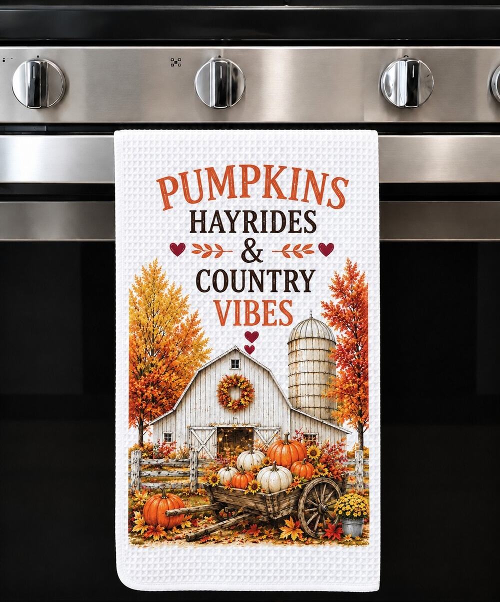 Pumpkins Hayrides & Country Vibes Kitchen Towel Fall Farmhouse Decor
